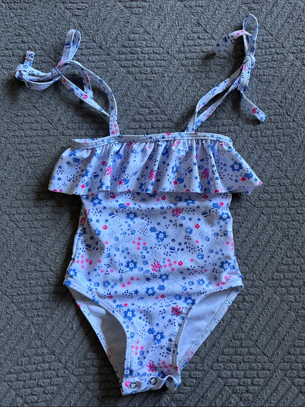 Girls' Floral Ruffle One-Piece Swimsuit - White with Blue & Pink Floral